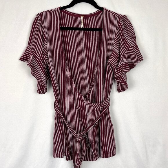 Free People Tops - Free People Wrap Top Women’s Size M Burgundy Stripe Flutter Sleeve 100% Cotton